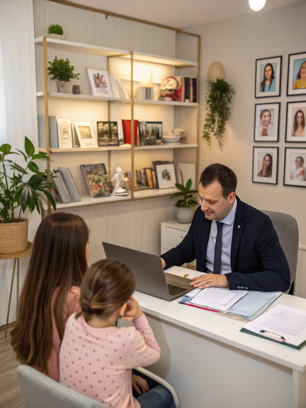 A professional consultant having a warm, supportive conversation with an elderly couple in their home