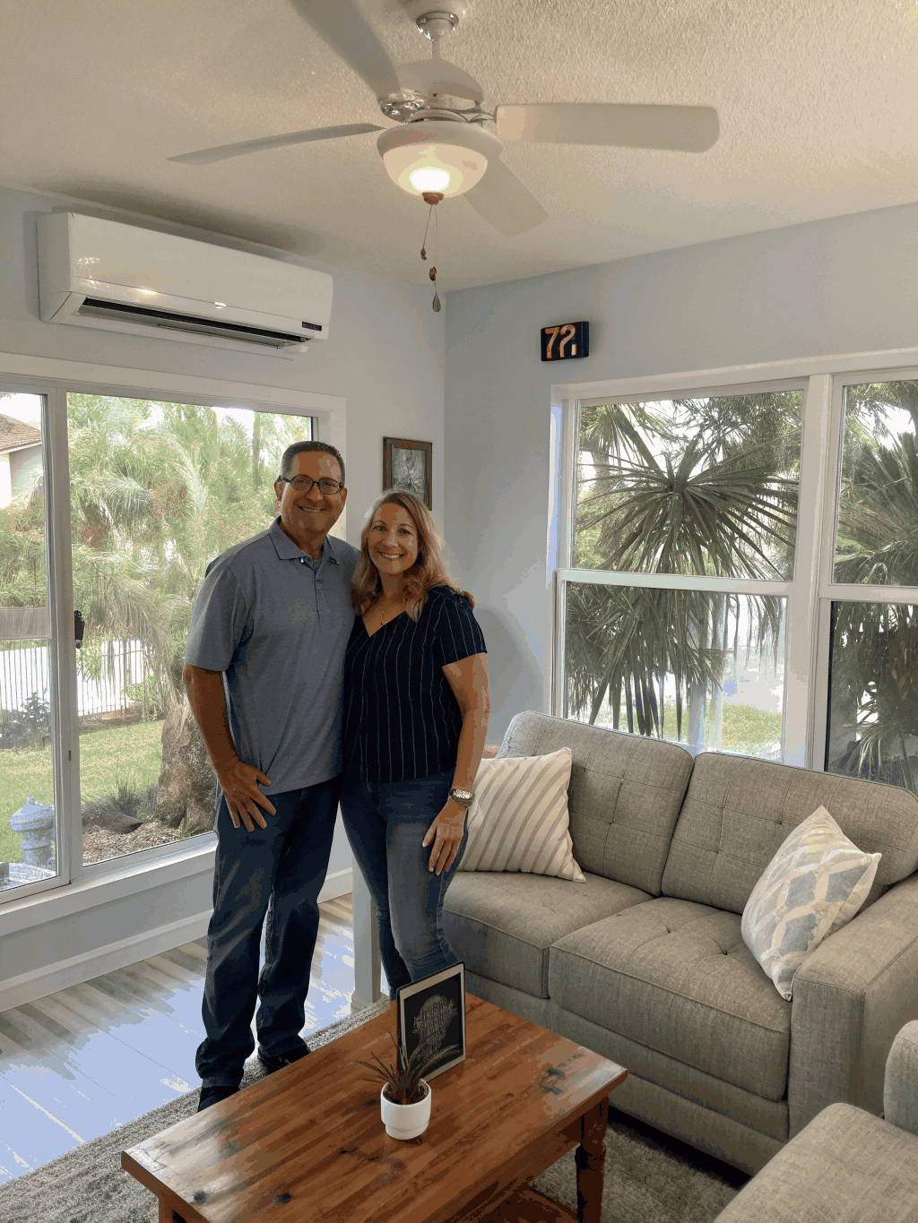 Professional consultant reviewing senior relocation plans in a bright Florida home